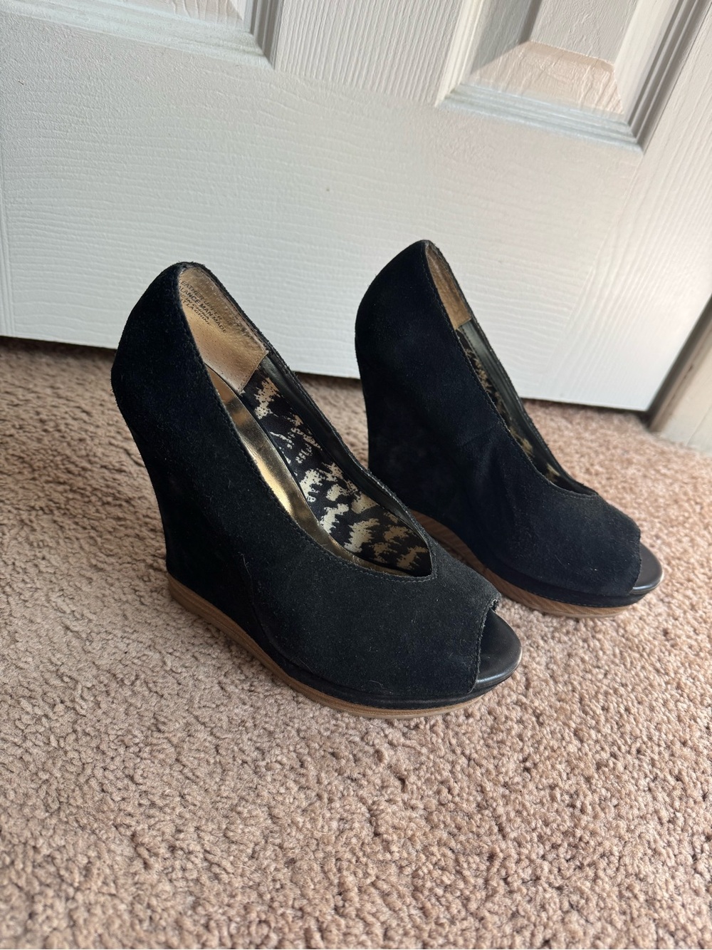 Women’s Black Suede Peep-Toe Wedge Heels
